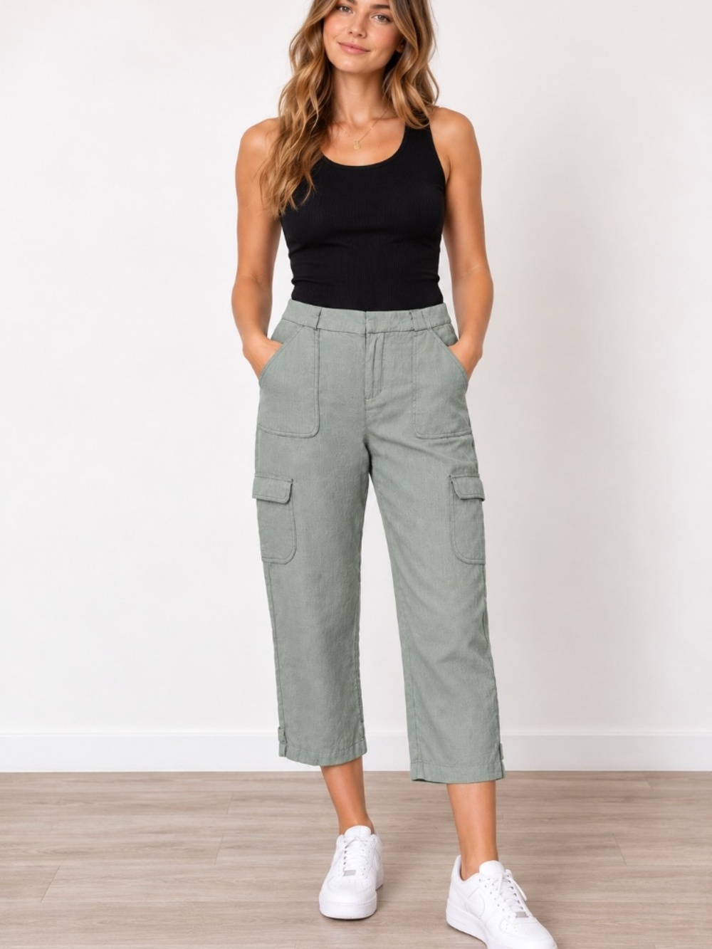 Nicole Miller 100% Linen Sage Green Cargo Crop Pants Size M